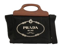 Wooden Handle Logo Print Tote, Canvas, Black, 103, S, 2*